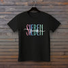 Bügelbild T-Shirt schwarz, an der Wand mit Zahl pastellfarben und Name weiss