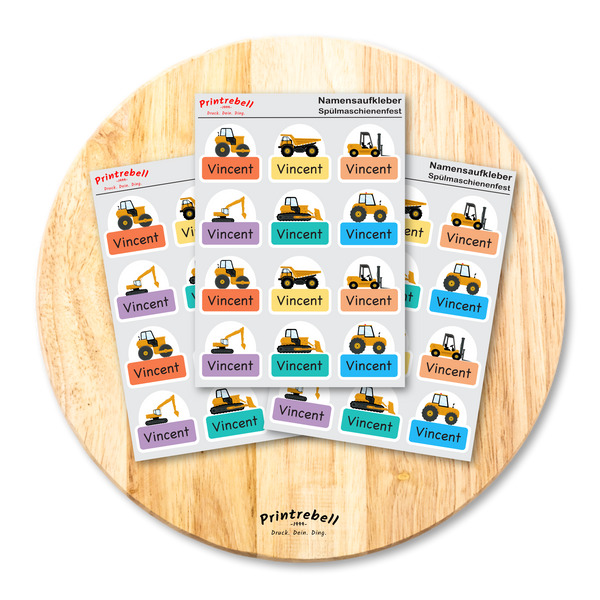 Namensaufkleber für Kinder Baustellenfahrzeuge